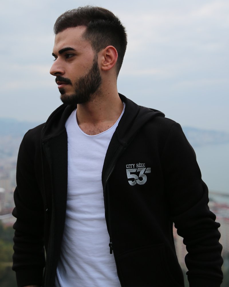53 Markalı Siyah Cepli Fermuarlı Kapüşonlu Unisex Sweatshirt