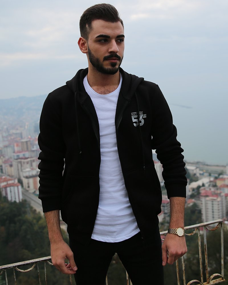 53 Markalı Siyah Cepli Fermuarlı Kapüşonlu Unisex Sweatshirt