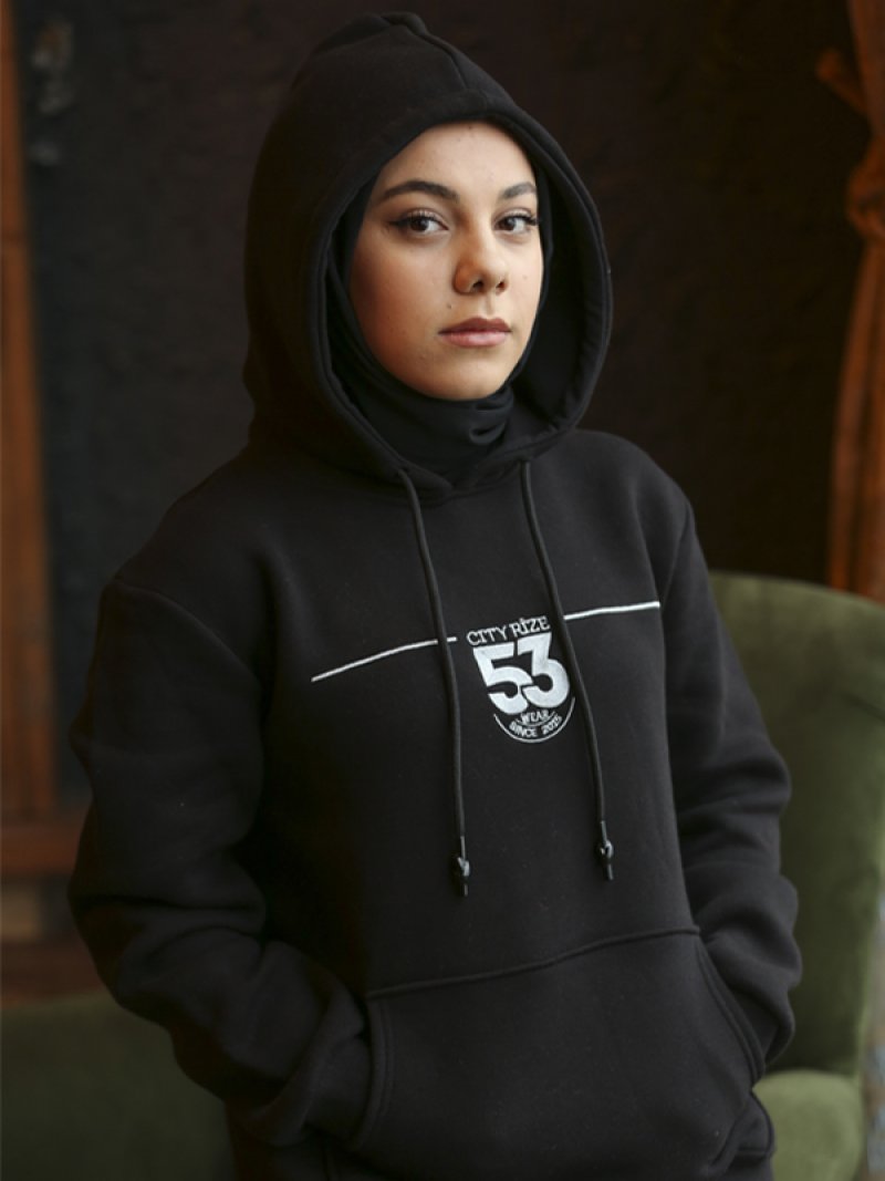 City Rize Gri Logolu Siyah Cepli Kapüşonlu Unisex Sweatshirt