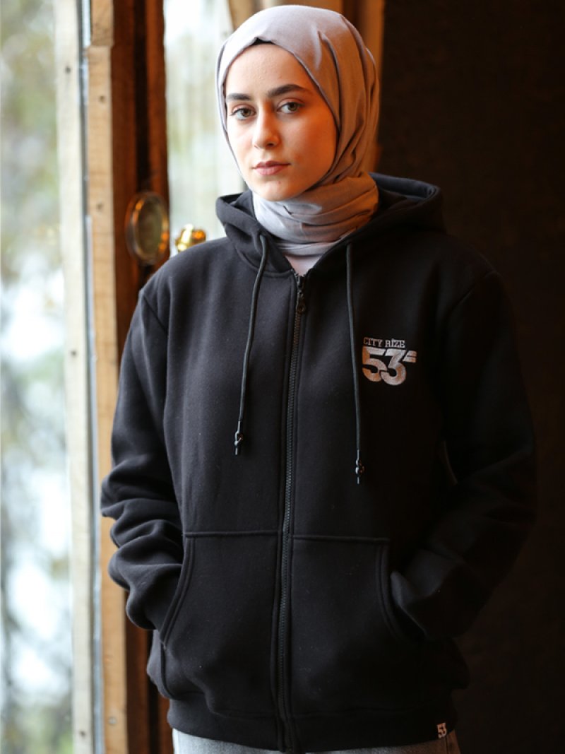 53 Markalı Siyah Cepli Fermuarlı Kapüşonlu Unisex Sweatshirt