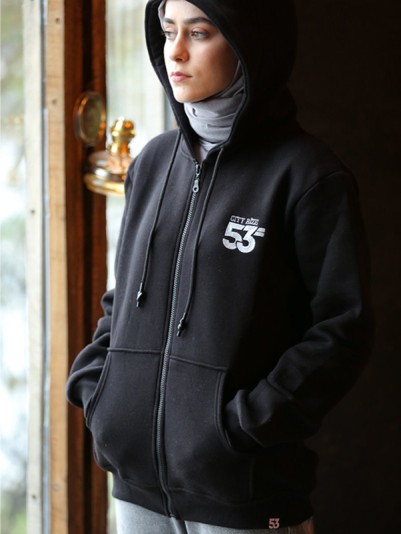53 Markalı Siyah Cepli Fermuarlı Kapüşonlu Unisex Sweatshirt