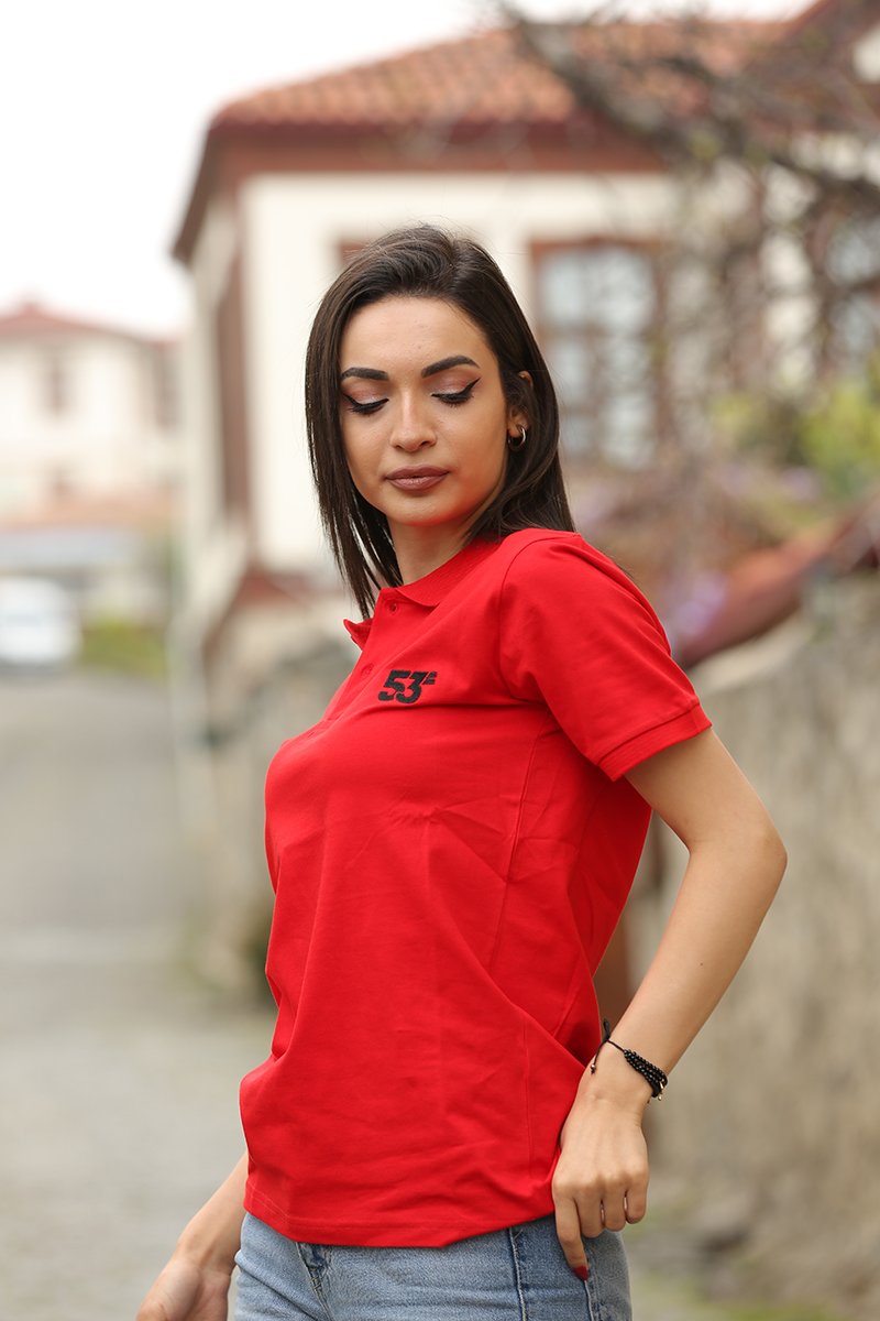 53 Markalı Polo Yaka Kırmızı T-Shirt Unisex