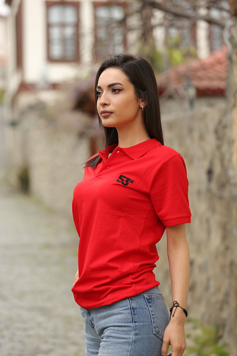 53 Markalı Polo Yaka Kırmızı T-Shirt Unisex