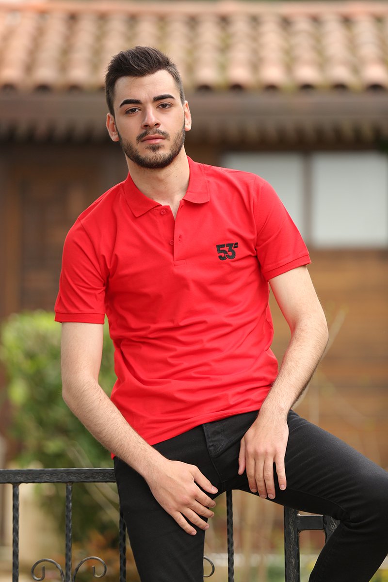 53 Markalı Polo Yaka Kırmızı T-Shirt Unisex