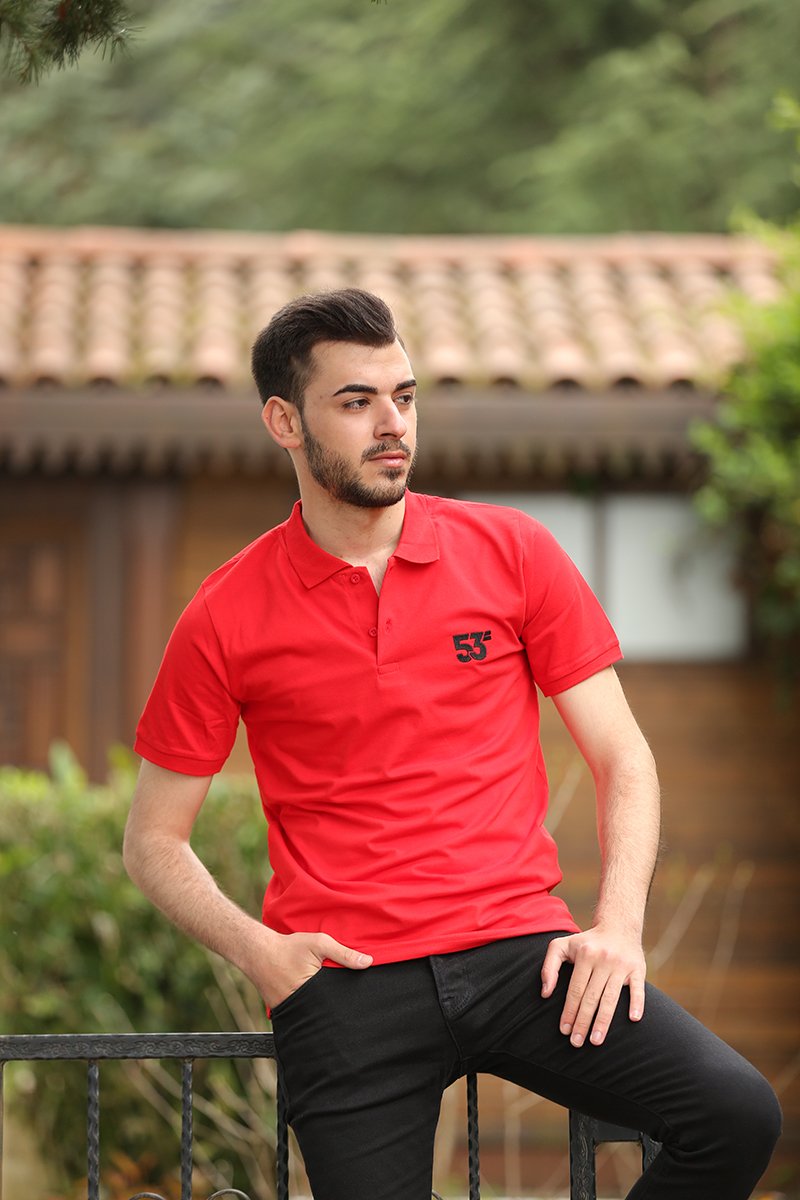 53 Markalı Polo Yaka Kırmızı T-Shirt Unisex