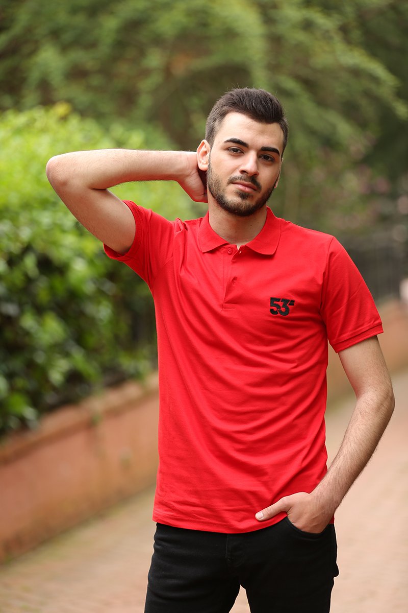 53 Markalı Polo Yaka Kırmızı T-Shirt Unisex