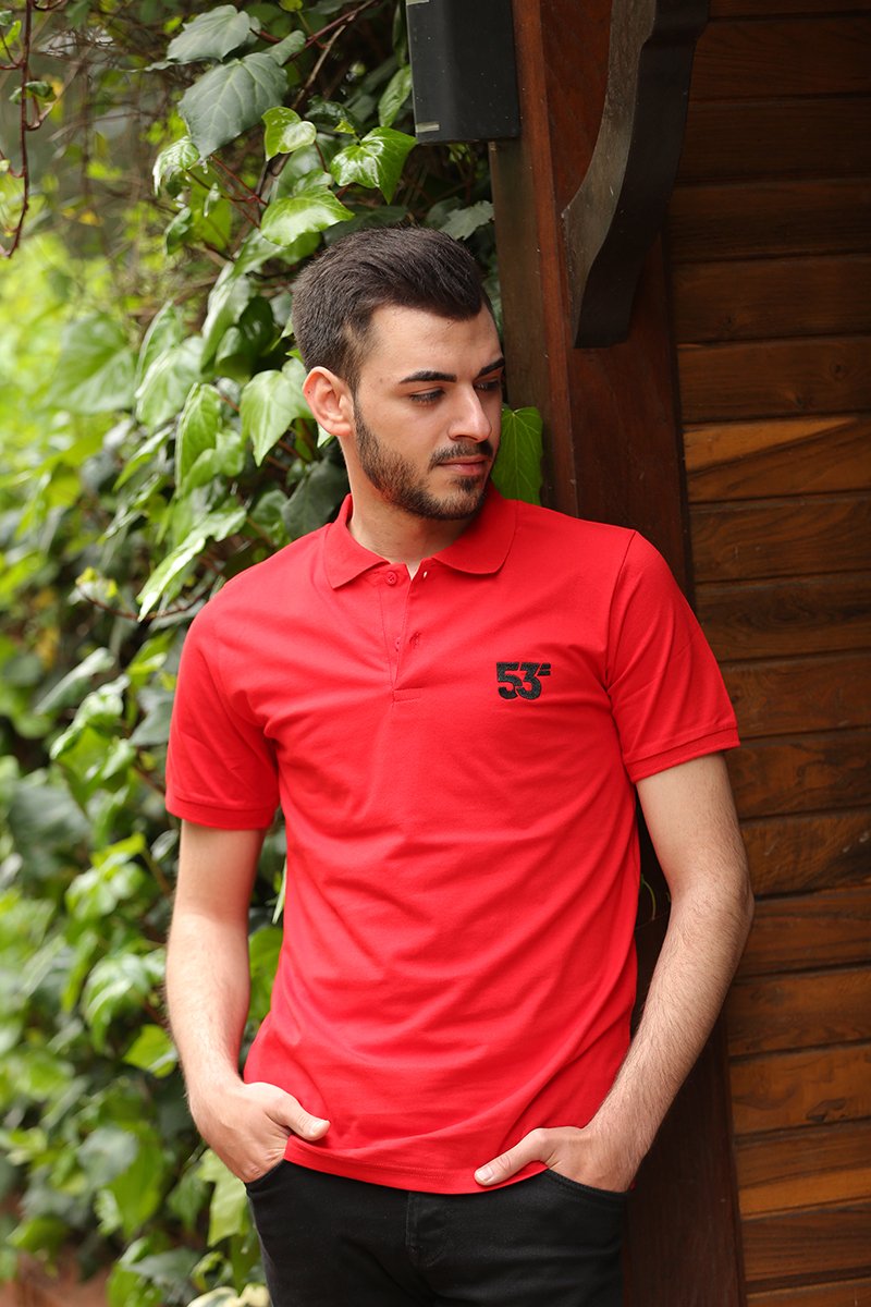 53 Markalı Polo Yaka Kırmızı T-Shirt Unisex