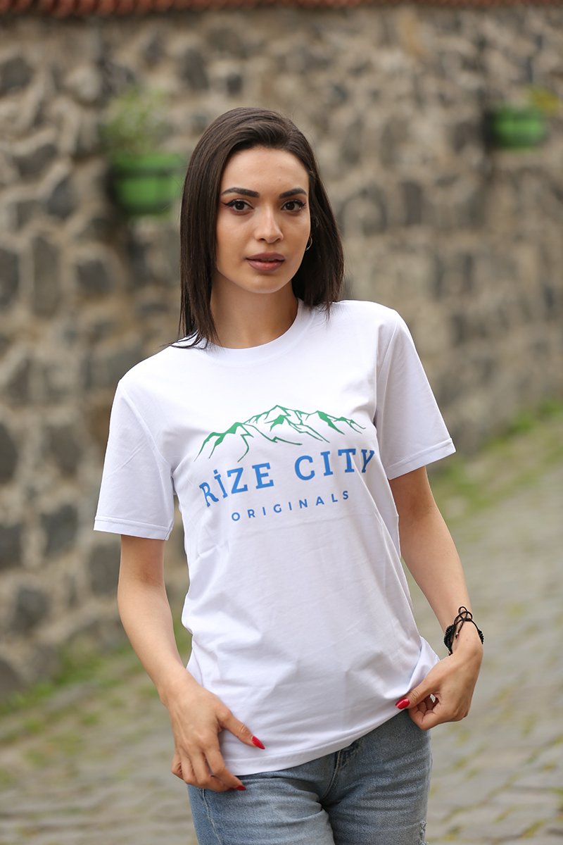 Rize City Bisiklet Yaka Beyaz Unisex T-Shirt