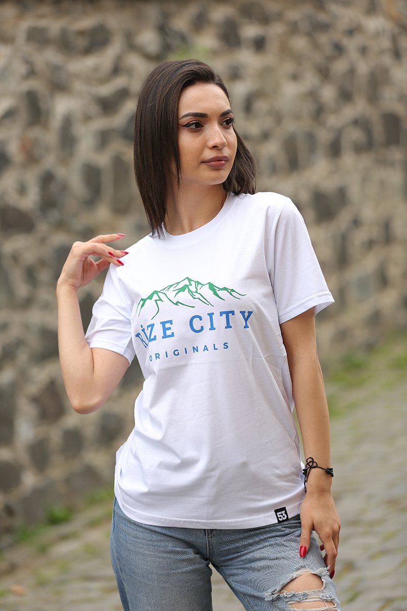 Rize City Bisiklet Yaka Beyaz Unisex T-Shirt