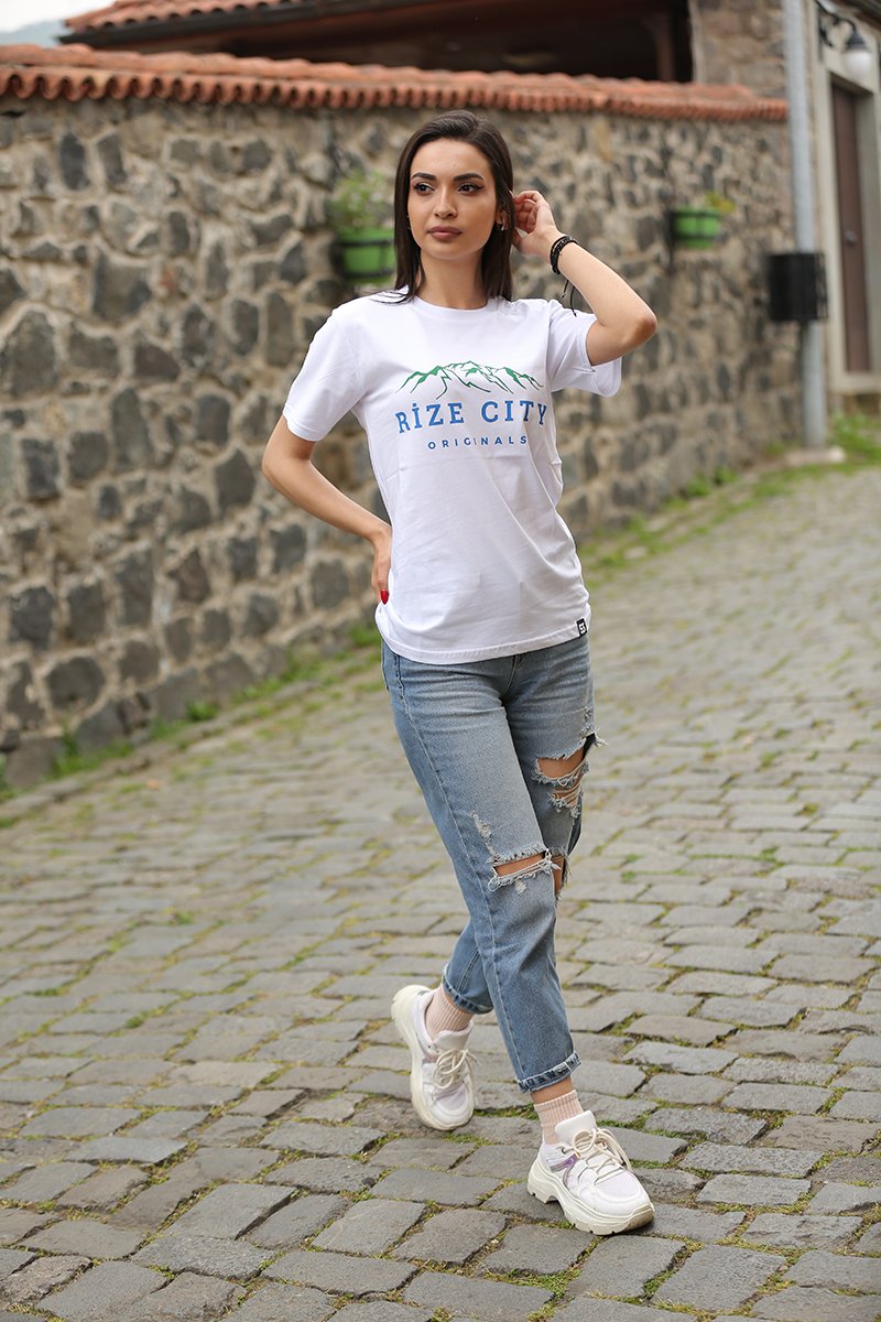 Rize City Bisiklet Yaka Beyaz Unisex T-Shirt