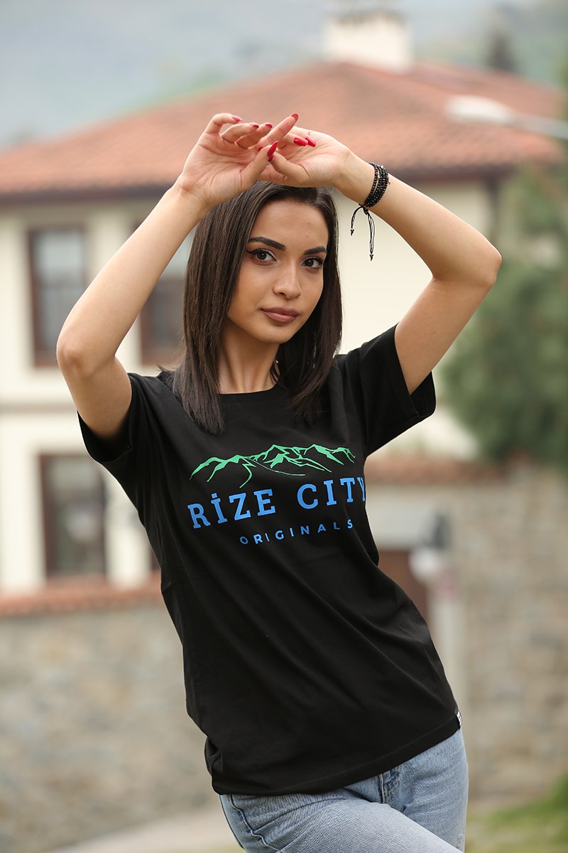 Rize City Bisiklet Yaka Siyah Unisex T-Shirt