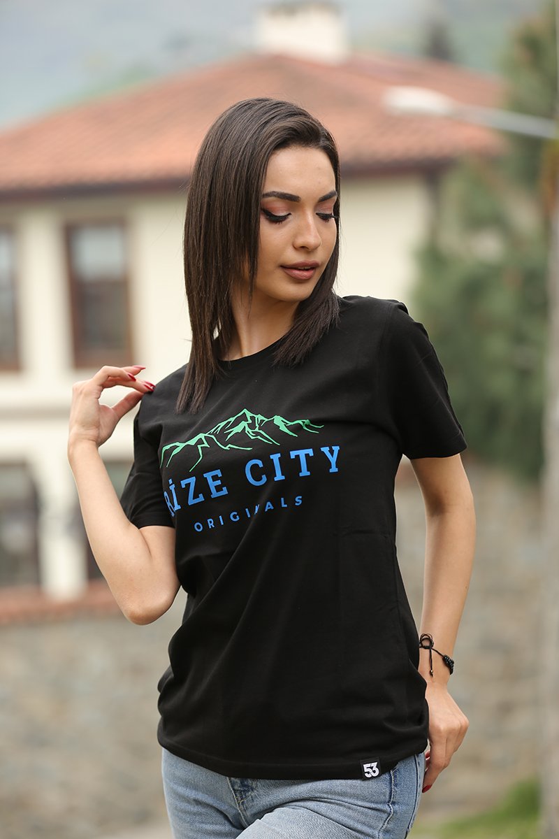 Rize City Bisiklet Yaka Siyah Unisex T-Shirt