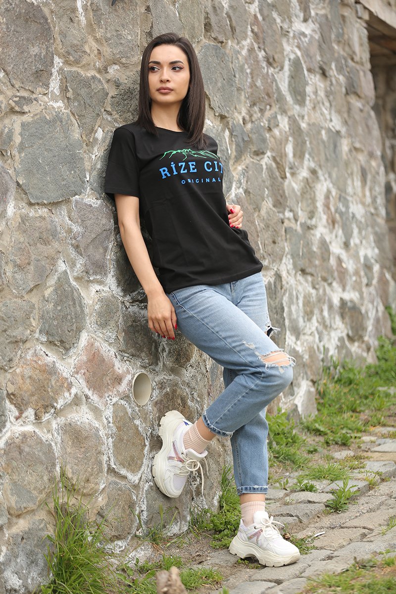 Rize City Bisiklet Yaka Siyah Unisex T-Shirt