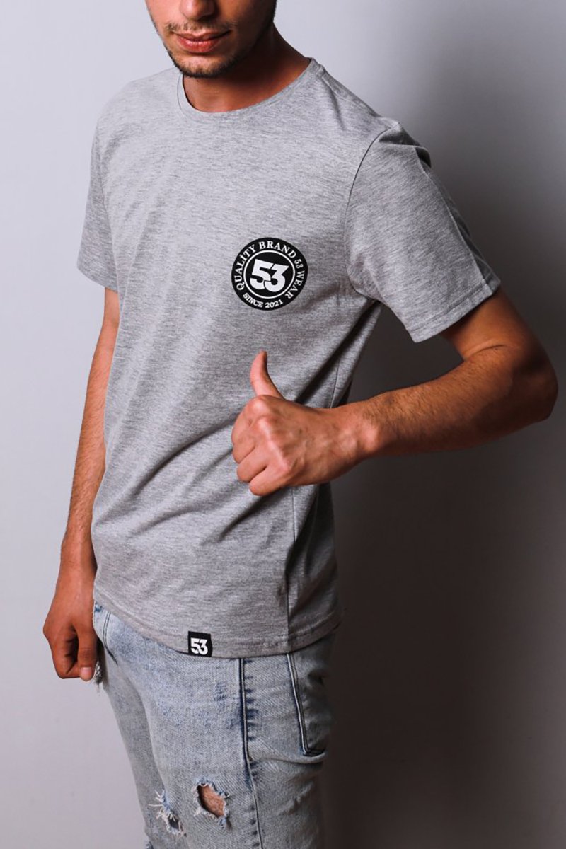 53 Logo Baskılı Bisiklet Yaka Gri T-Shirt Unisex