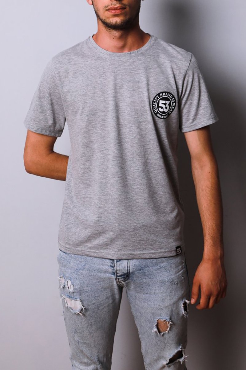 53 Logo Baskılı Bisiklet Yaka Gri T-Shirt Unisex