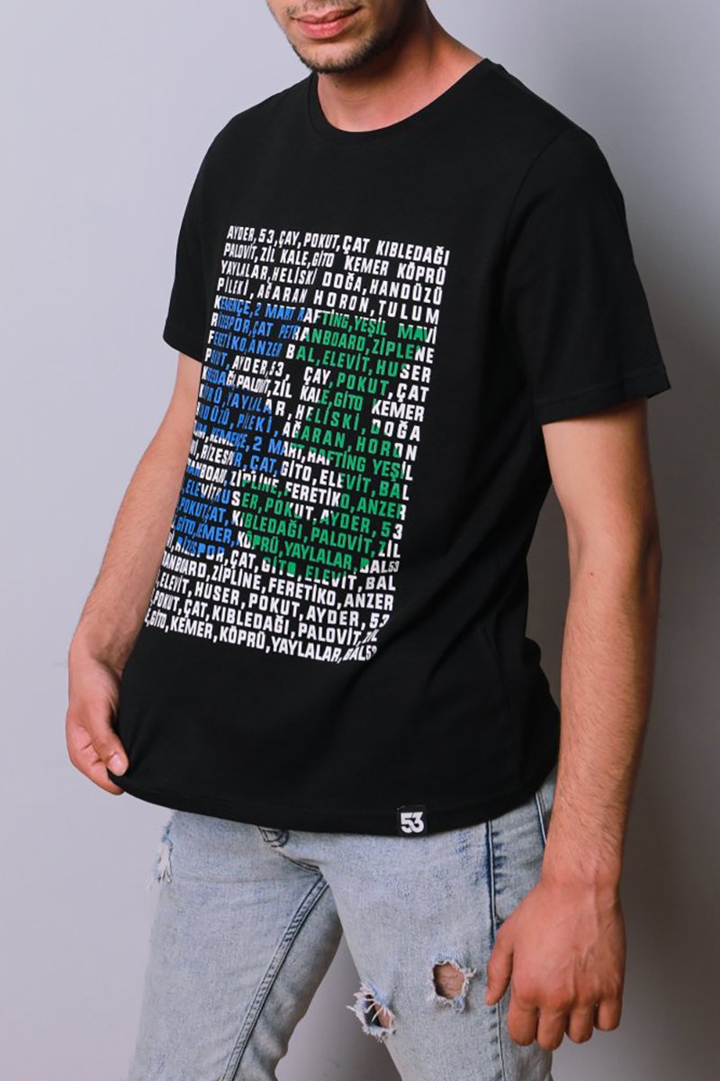 Yaylalar 53 Baskılı Bisiklet Yaka Siyah T-Shirt Unisex