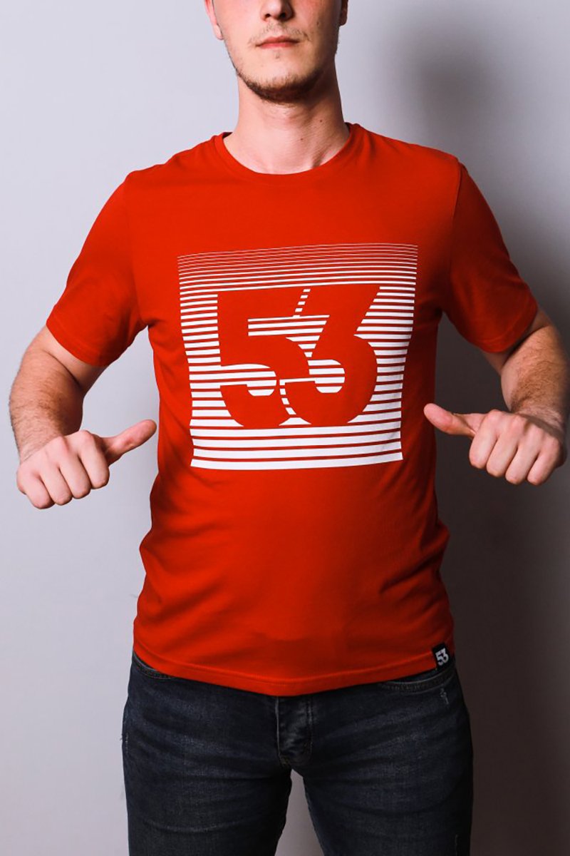 53 Çizgim Baskılı Bisiklet Yaka Kırmızı T-Shirt Unisex
