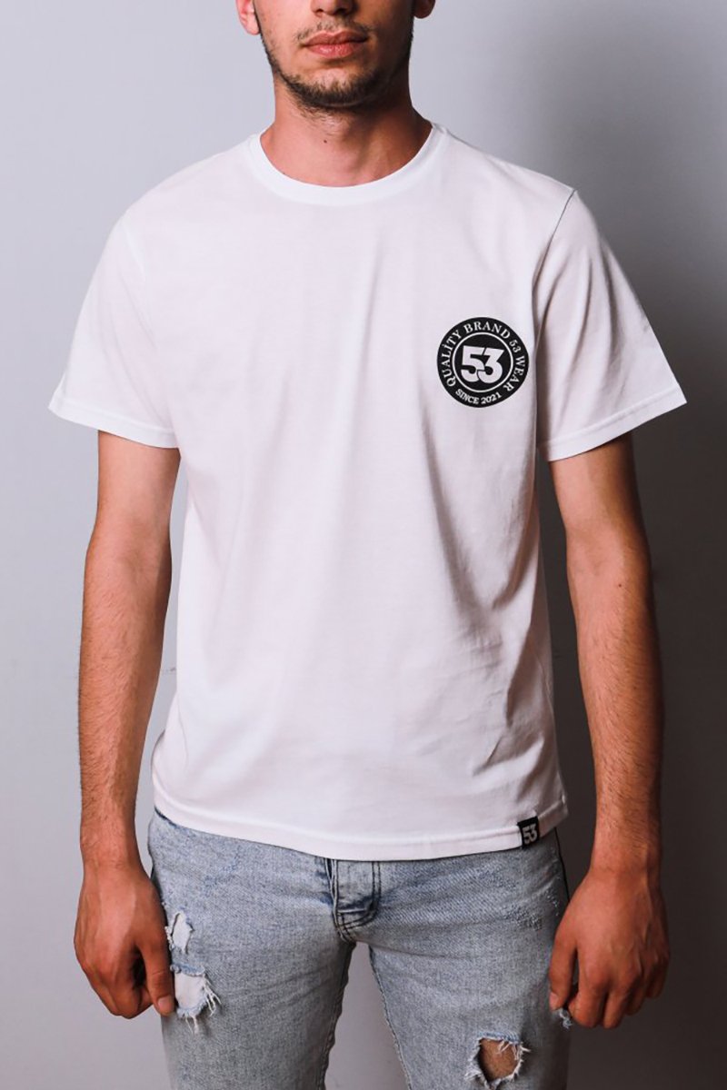 53 Logo Baskılı Bisiklet Yaka Beyaz T-Shirt Unisex