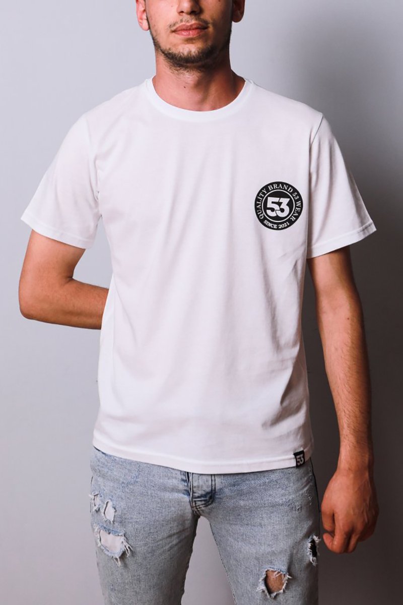 53 Logo Baskılı Bisiklet Yaka Beyaz T-Shirt Unisex