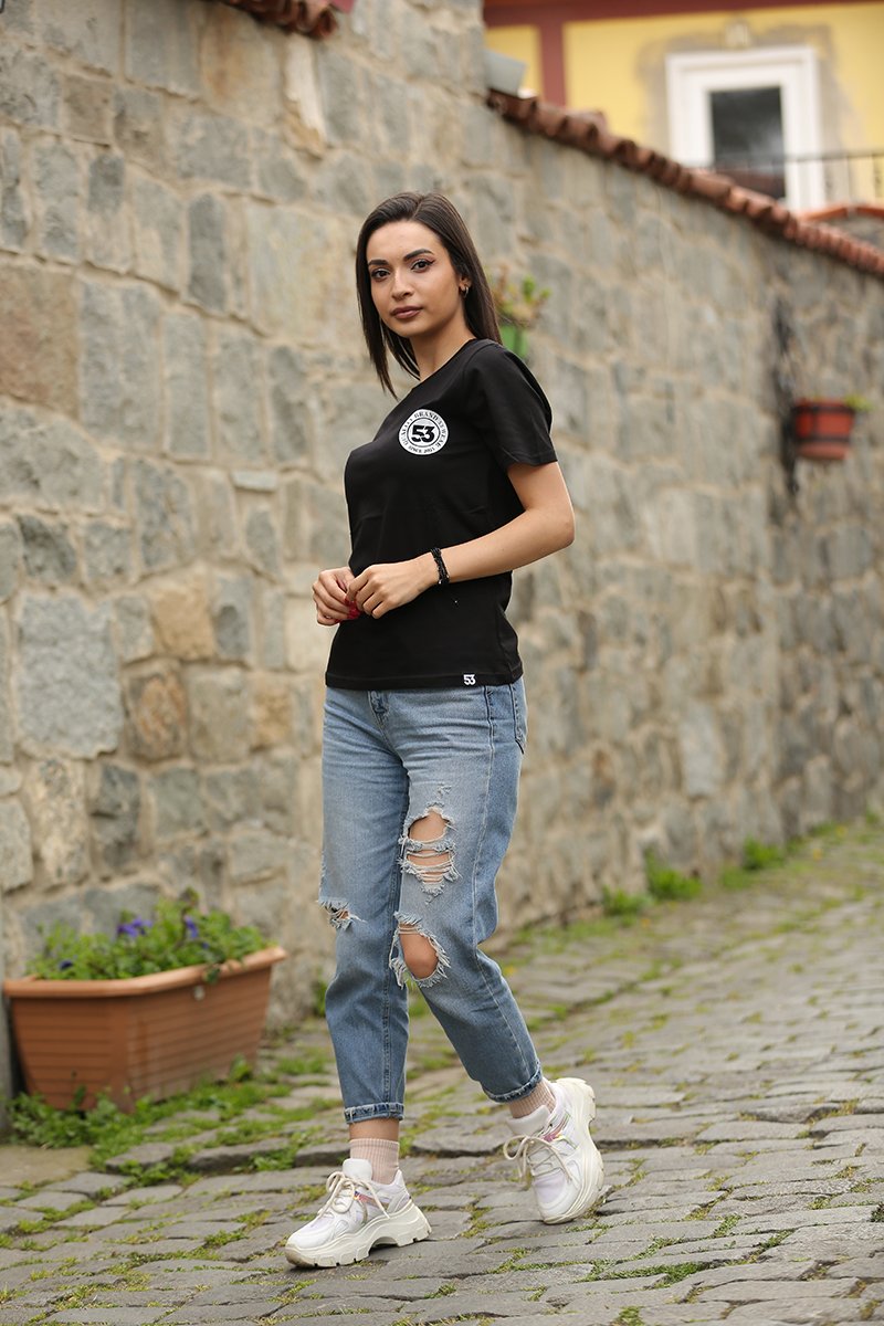 53 Logo Baskılı Bisiklet Yaka Siyah T-Shirt Unisex