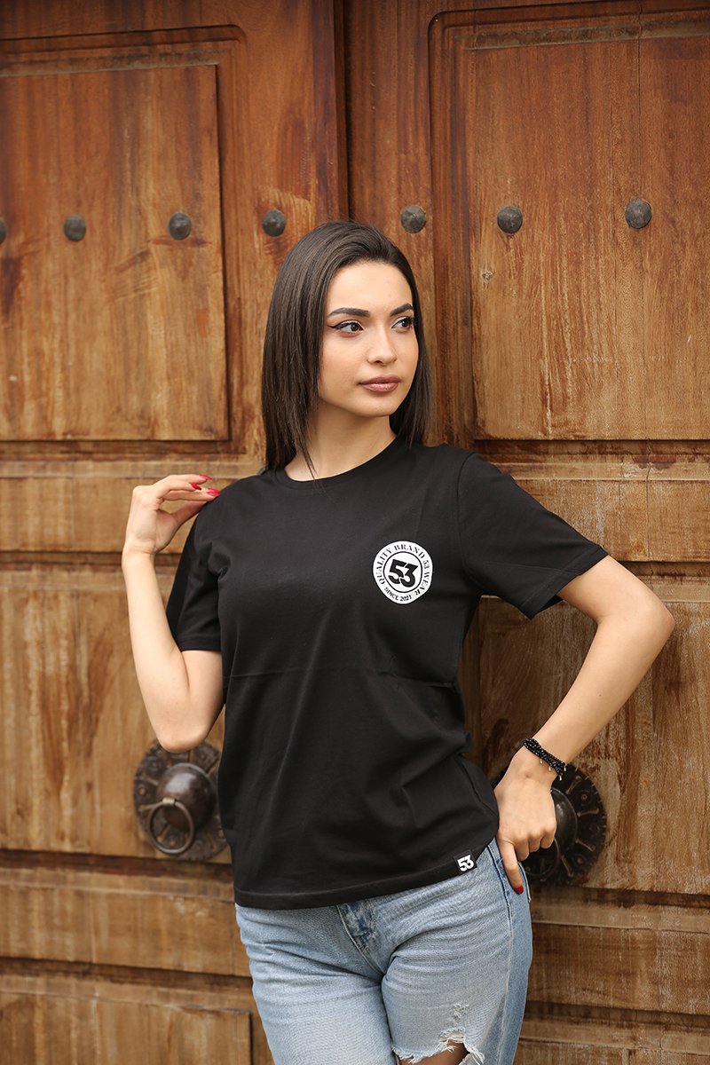 53 Logo Baskılı Bisiklet Yaka Siyah T-Shirt Unisex