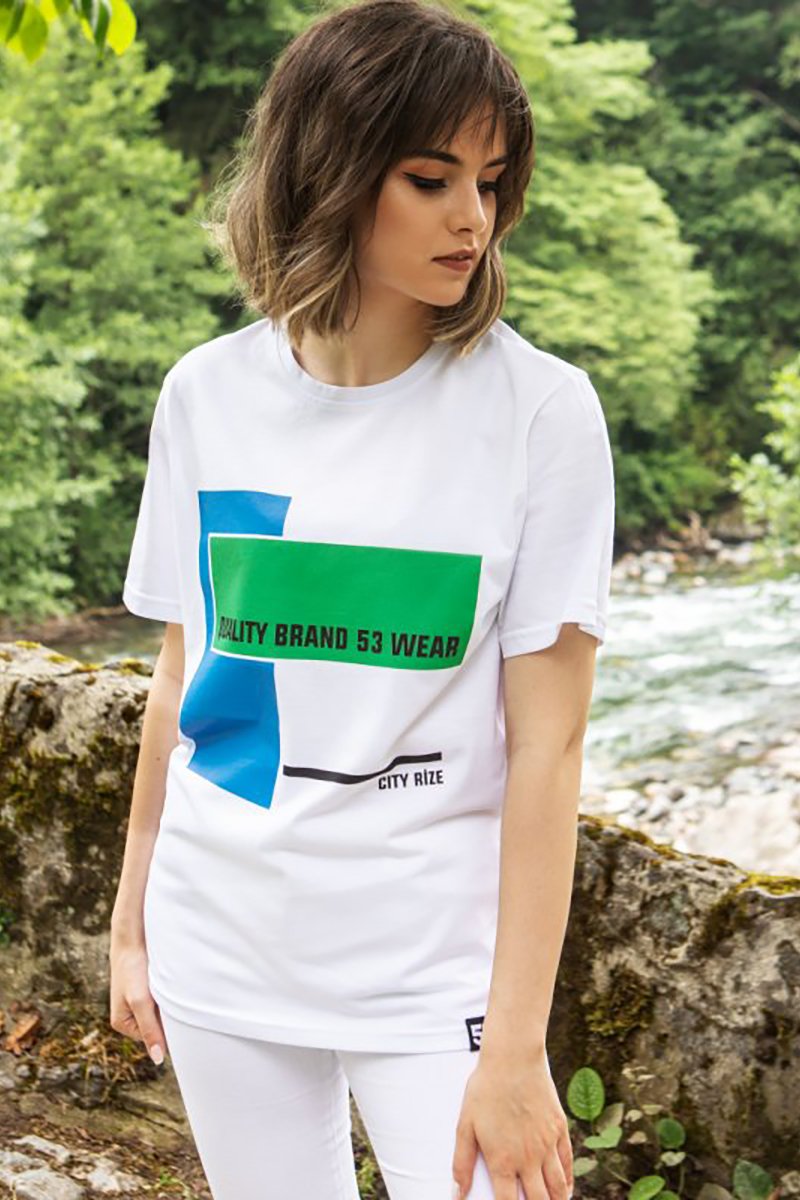 City Rize Baskılı Bisiklet Yaka Beyaz T-Shirt Unisex