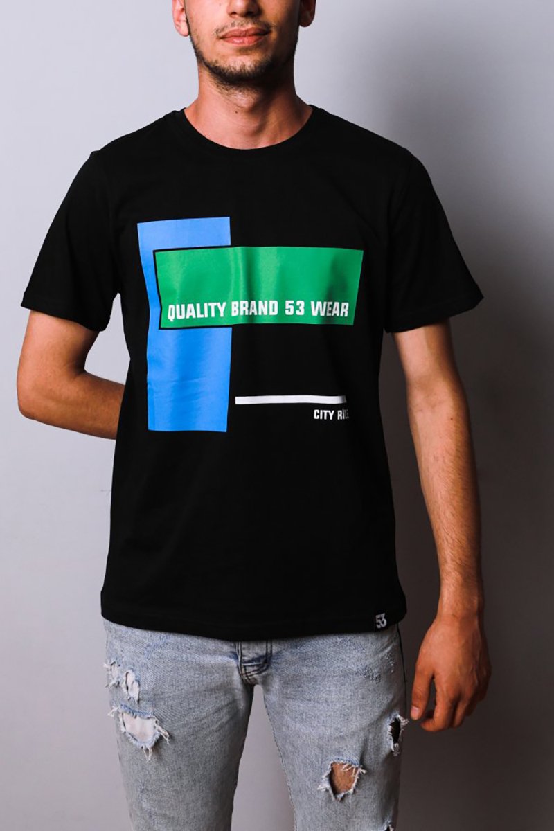 City Rize Baskılı Bisiklet Yaka Siyah T-Shirt Unisex