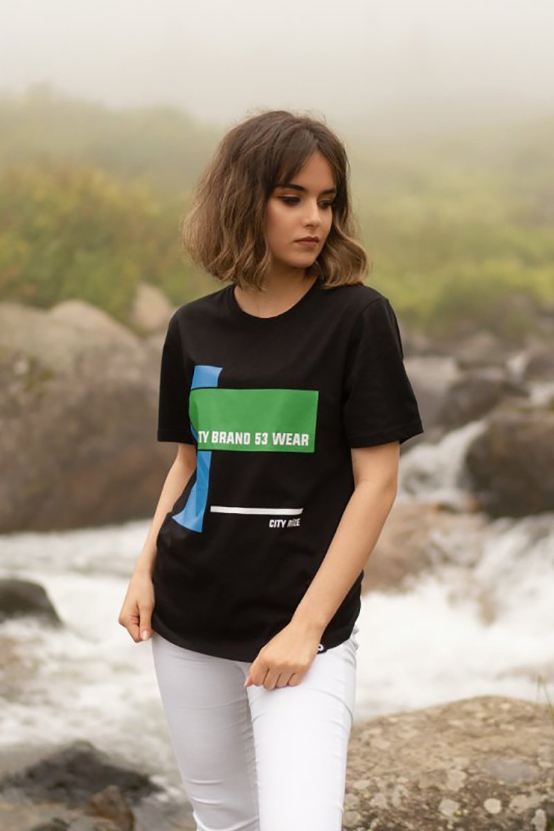 City Rize Baskılı Bisiklet Yaka Siyah T-Shirt Unisex